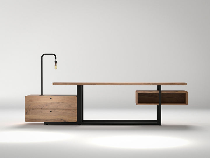 TV unit, solid acacia wood and steel, 2 drawers
