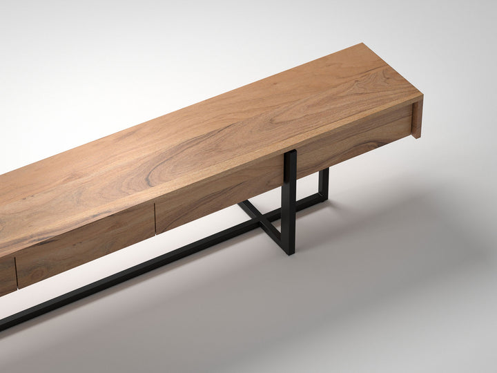TV unit, solid acacia wood and steel, 4 drawers