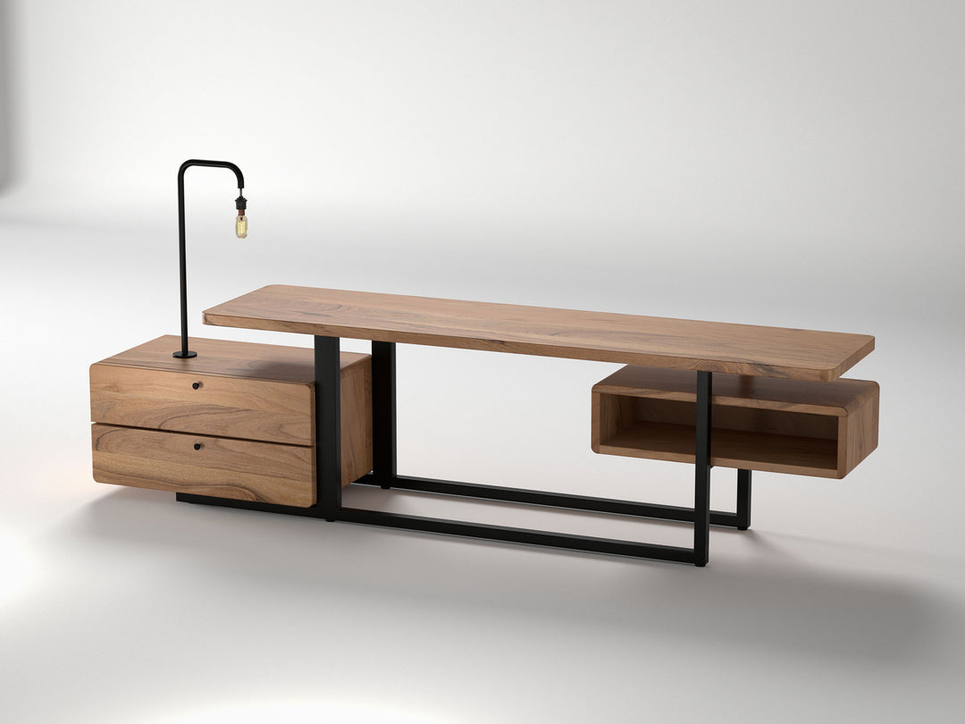 TV unit, solid acacia wood and steel, 2 drawers