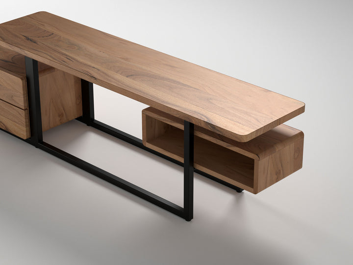 TV unit, solid acacia wood and steel, 2 drawers