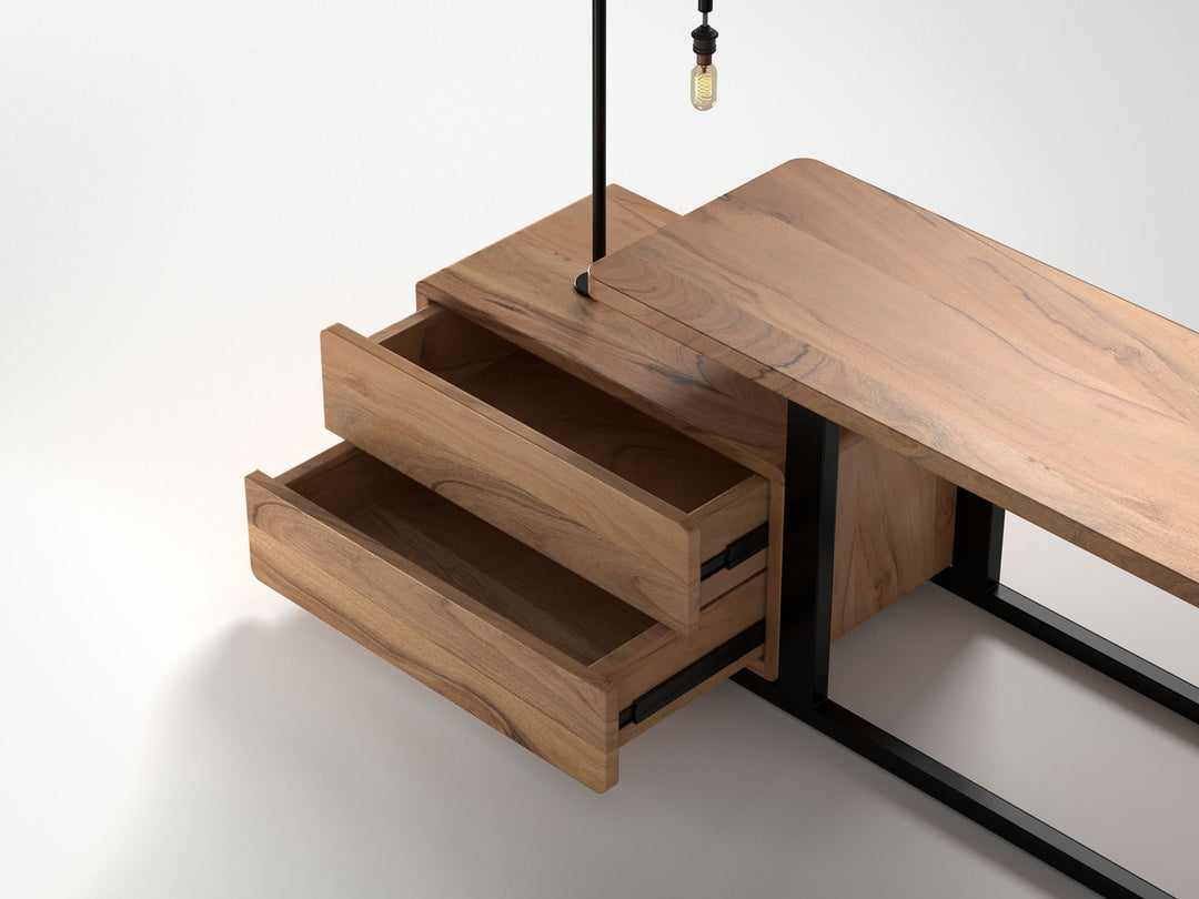 TV unit, solid acacia wood and steel, 2 drawers