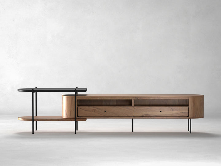 TV unit, solid acacia wood and steel, 2 drawers