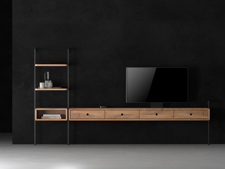 TV unit, solid acacia wood and steel, 4 drawers