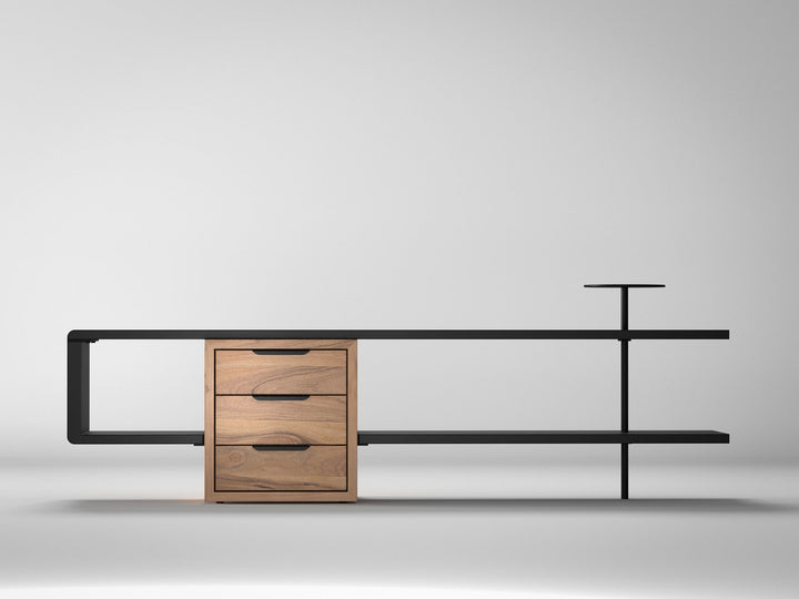 TV unit, solid acacia wood and steel, 3 drawers