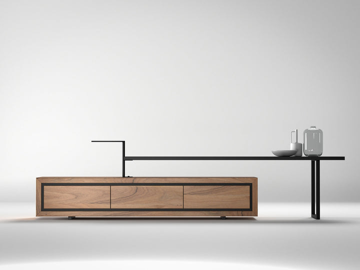 TV unit, solid acacia wood and steel, 3 drawers