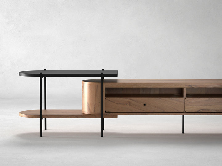 TV unit, solid acacia wood and steel, 2 drawers