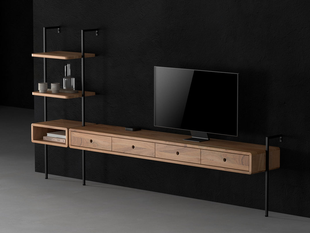 TV unit, solid acacia wood and steel, 4 drawers