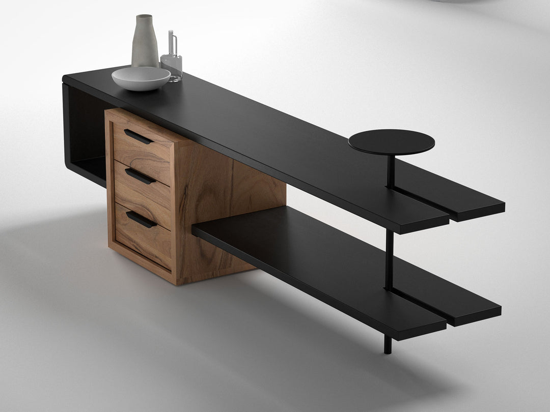 TV unit, solid acacia wood and steel, 3 drawers