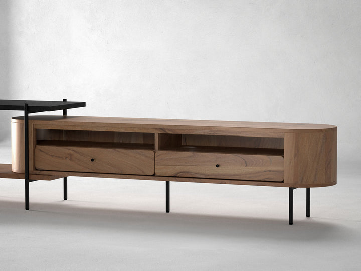 TV unit, solid acacia wood and steel, 2 drawers