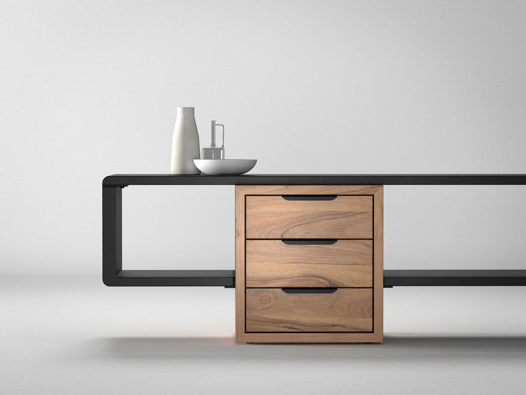 TV unit, solid acacia wood and steel, 3 drawers