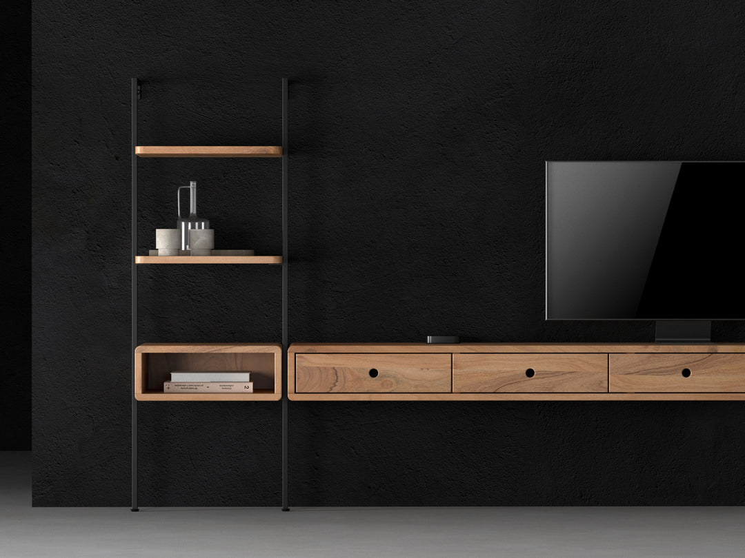 TV unit, solid acacia wood and steel, 4 drawers