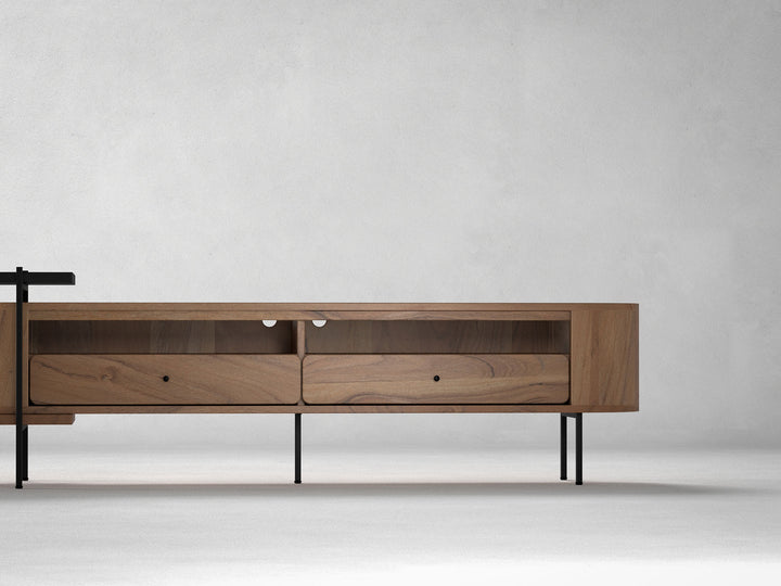 TV unit, solid acacia wood and steel, 2 drawers