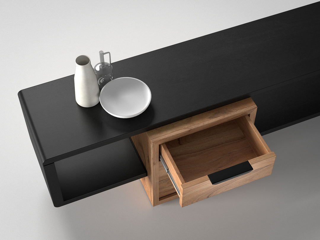 TV unit, solid acacia wood and steel, 3 drawers