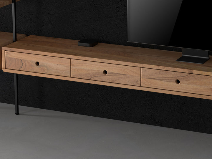 TV unit, solid acacia wood and steel, 4 drawers