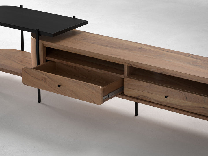 TV unit, solid acacia wood and steel, 2 drawers