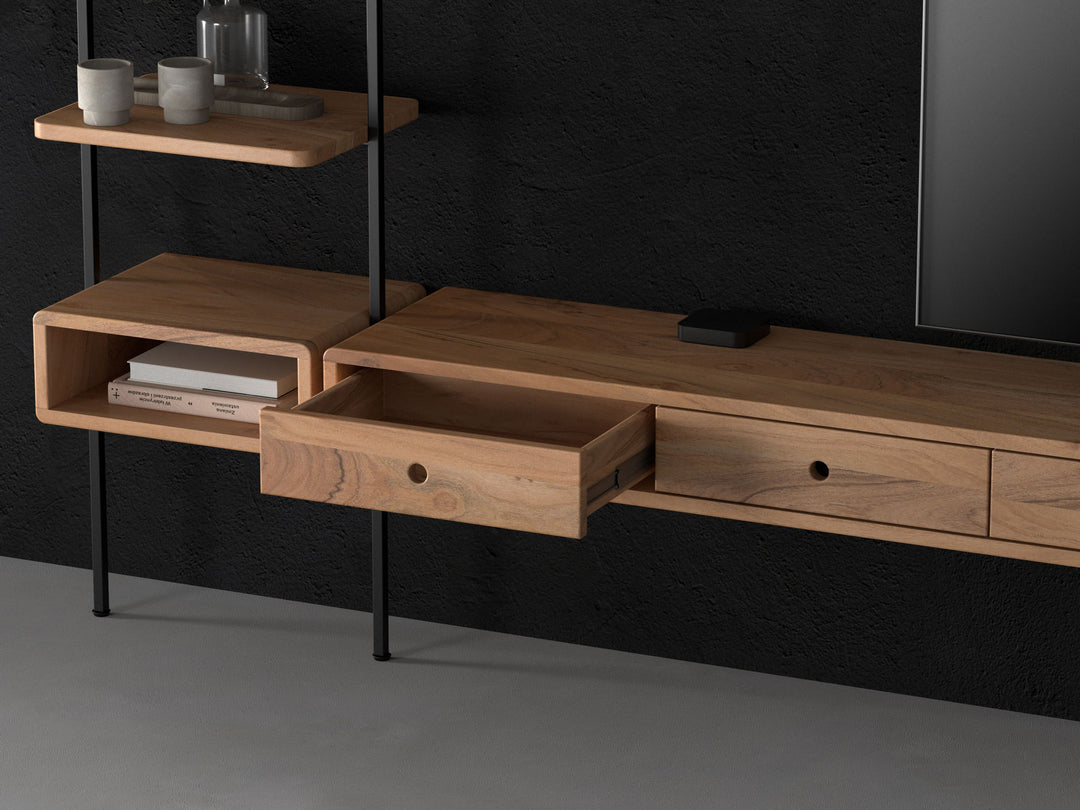 TV unit, solid acacia wood and steel, 4 drawers