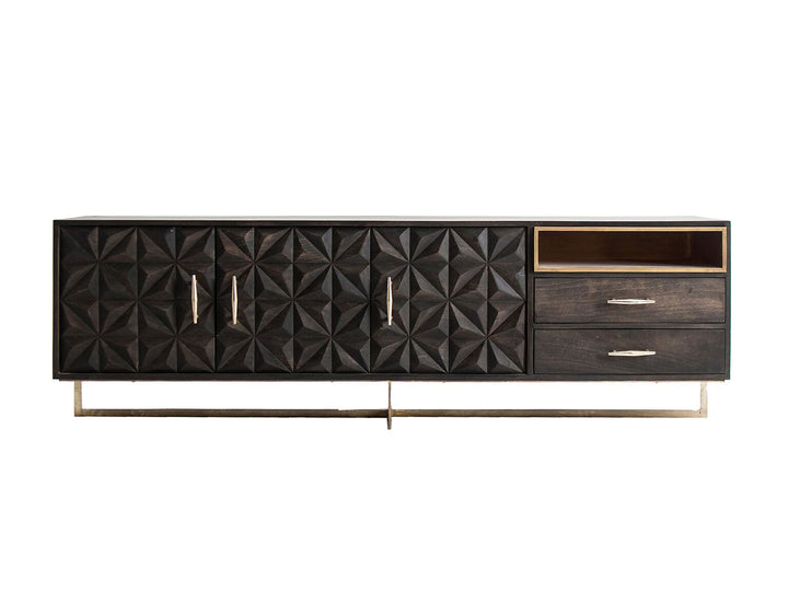 Suitable as a sideboard or TV unit with three doors and two drawers made of solid mango wood and carbon steel