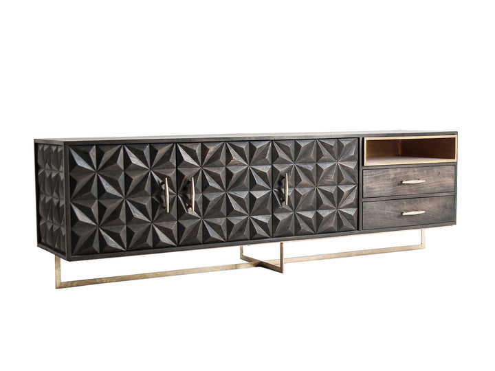 Suitable as a sideboard or TV unit with three doors and two drawers made of solid mango wood and carbon steel