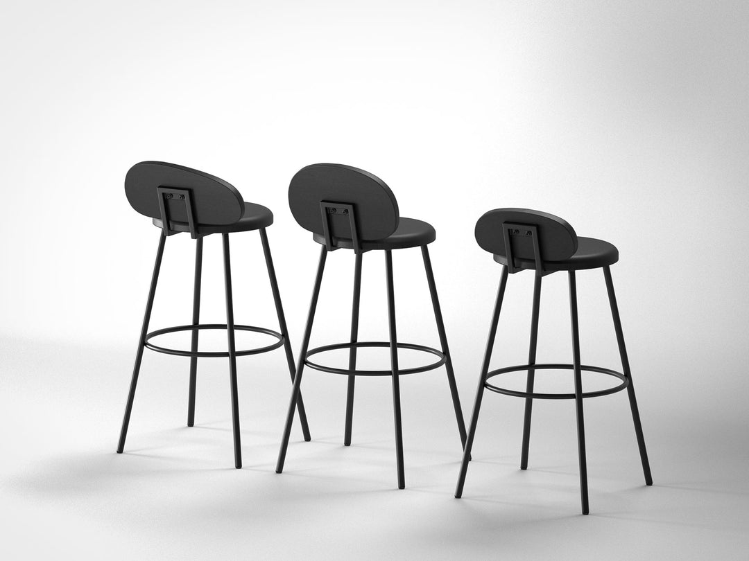 Set of 3 Bar Stools, solid acacia wood and steel