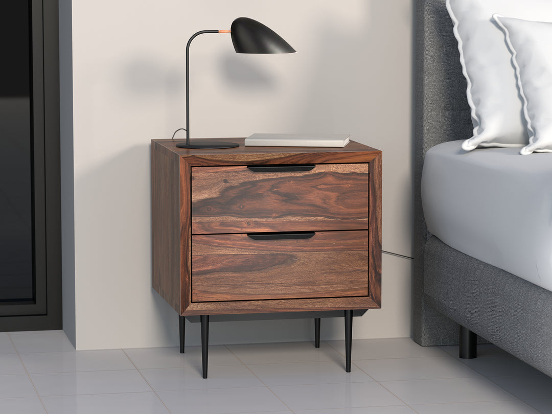 Bedside table with two drawers made of solid sheesham wood and carbon steel