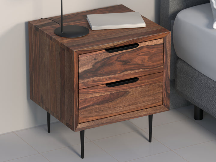 Bedside table with two drawers made of solid sheesham wood and carbon steel