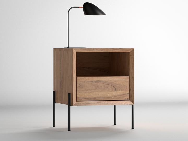 Bedside table, solid acacia wood and steel, 1 drawer