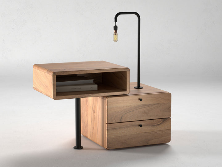Bedside table, solid acacia wood and steel, 2 drawers