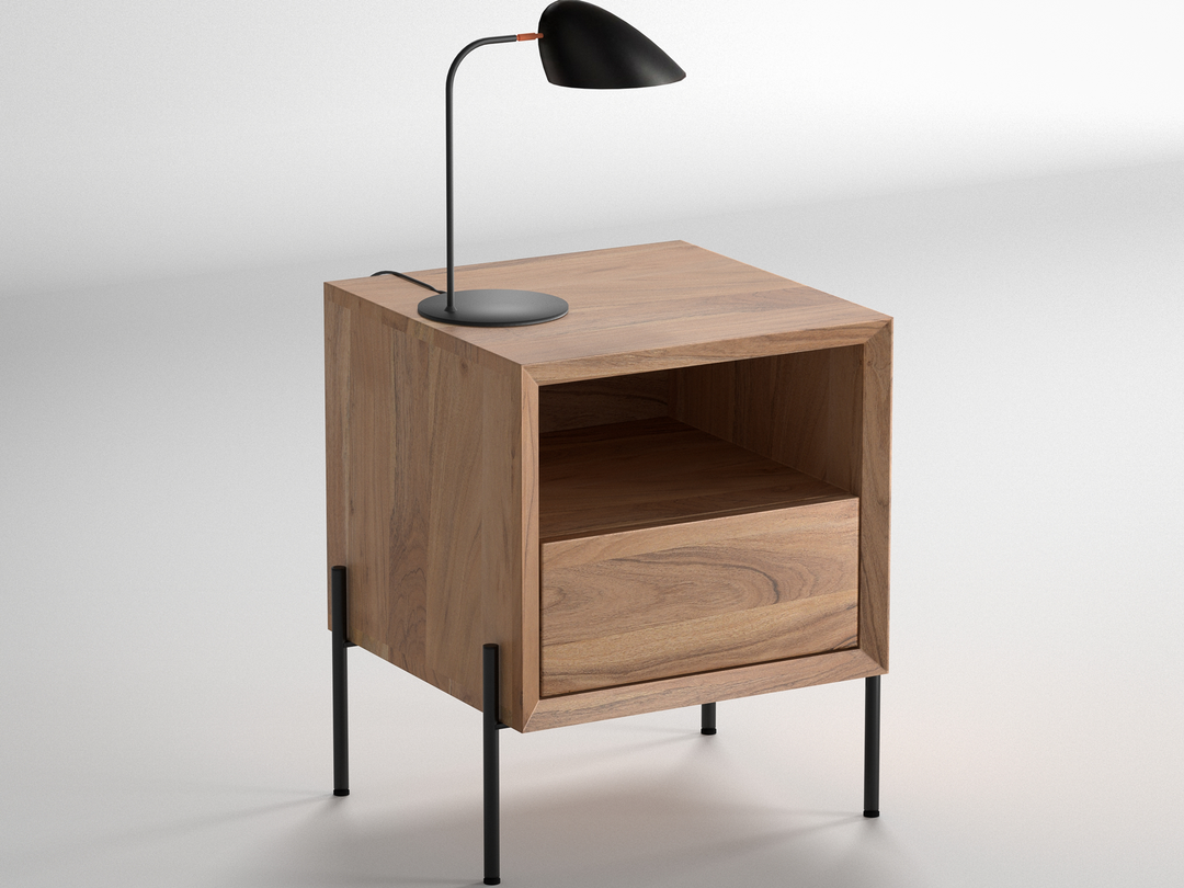 Bedside table, solid acacia wood and steel, 1 drawer