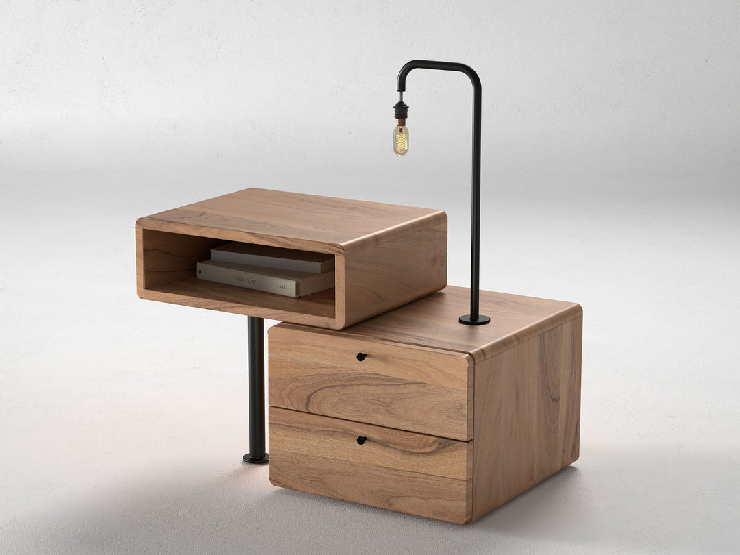 Bedside table, solid acacia wood and steel, 2 drawers