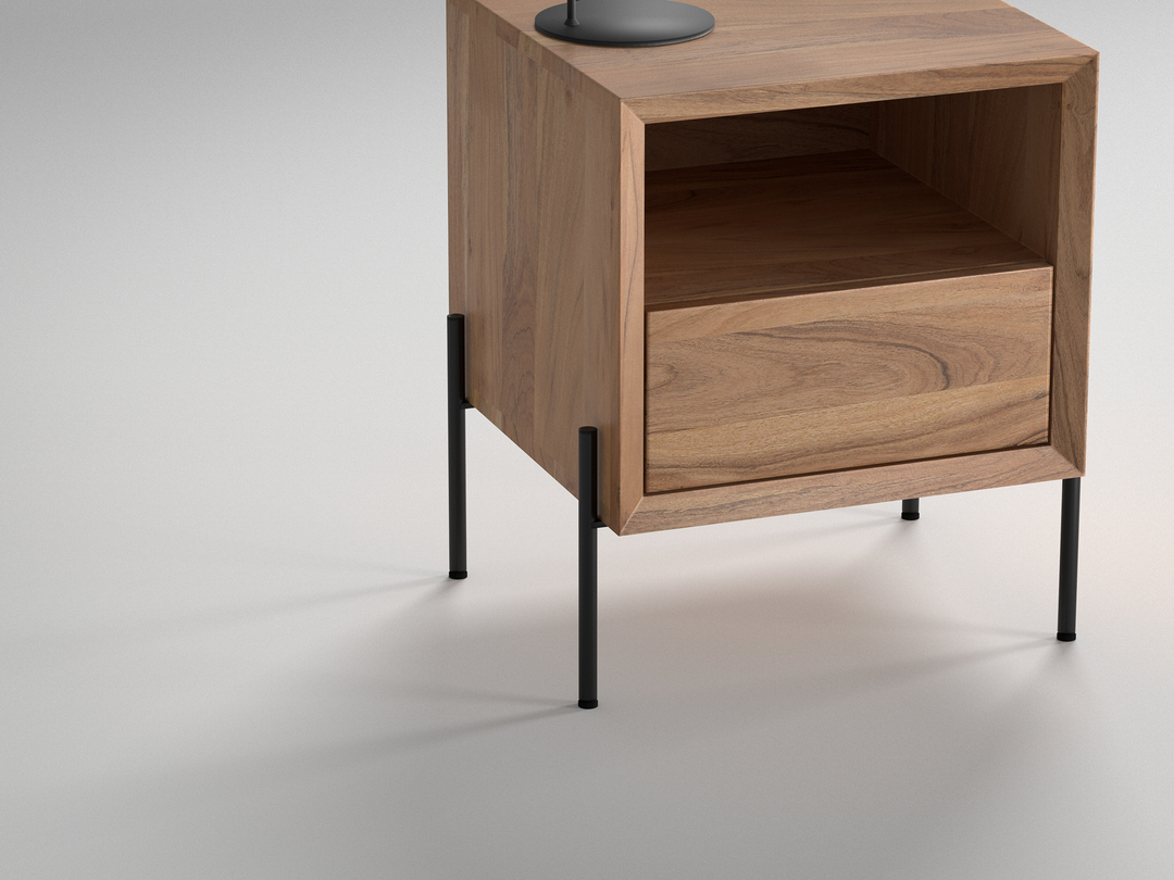 Bedside table, solid acacia wood and steel, 1 drawer