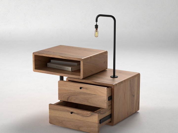 Bedside table, solid acacia wood and steel, 2 drawers