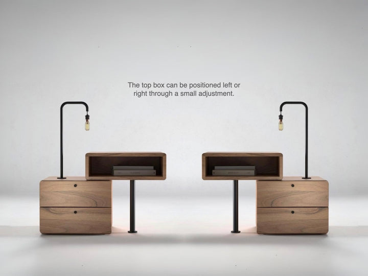 Bedside table, solid acacia wood and steel, 2 drawers