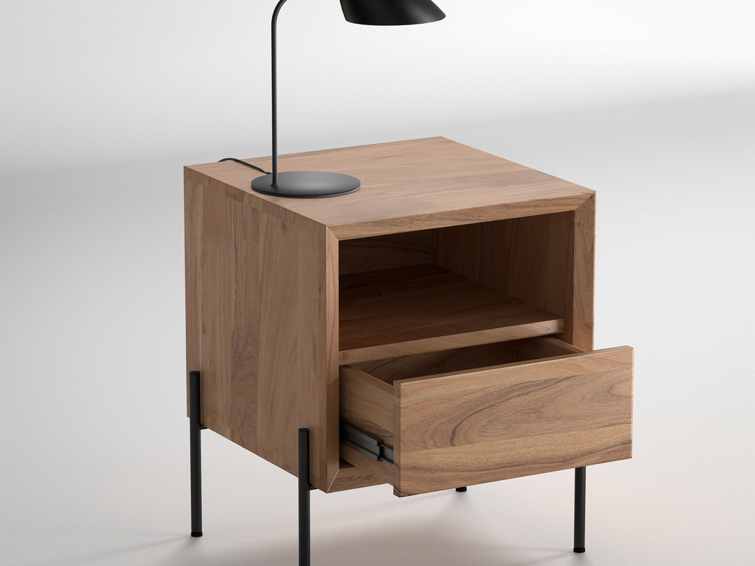 Bedside table, solid acacia wood and steel, 1 drawer