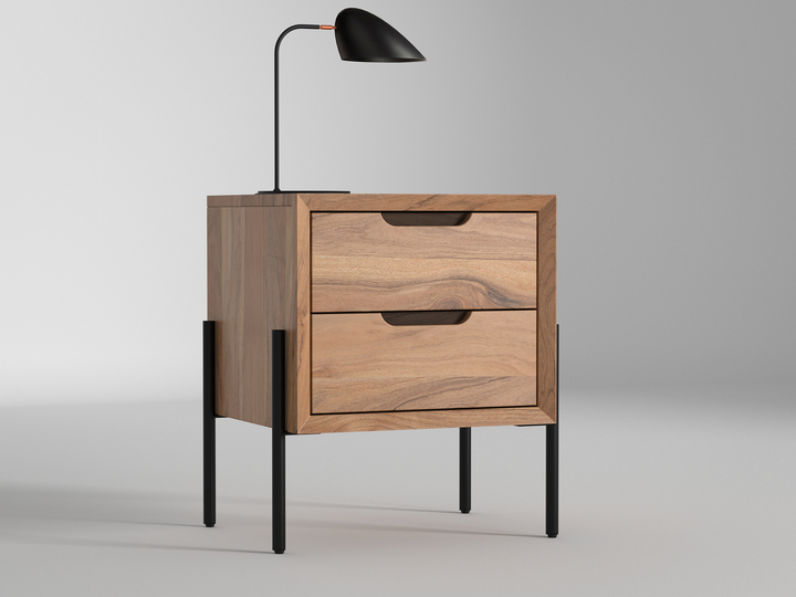 Bedside table, solid acacia wood and steel, 2 drawers