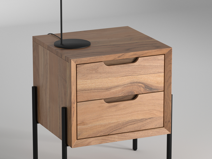Bedside table, solid acacia wood and steel, 2 drawers