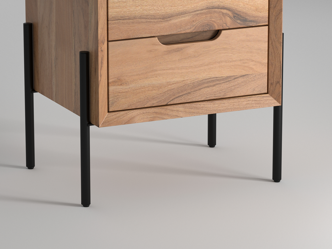 Bedside table, solid acacia wood and steel, 2 drawers