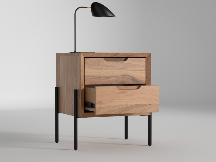 Bedside table, solid acacia wood and steel, 2 drawers