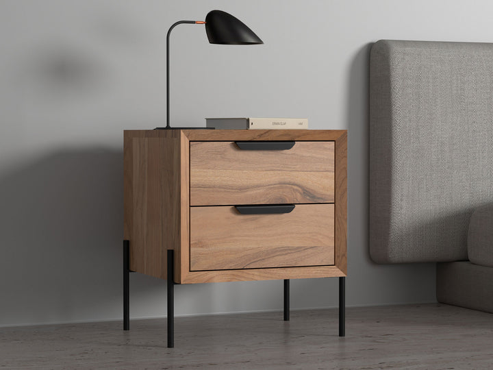 Bedside table with two drawers made of solid acacia wood and carbon steel