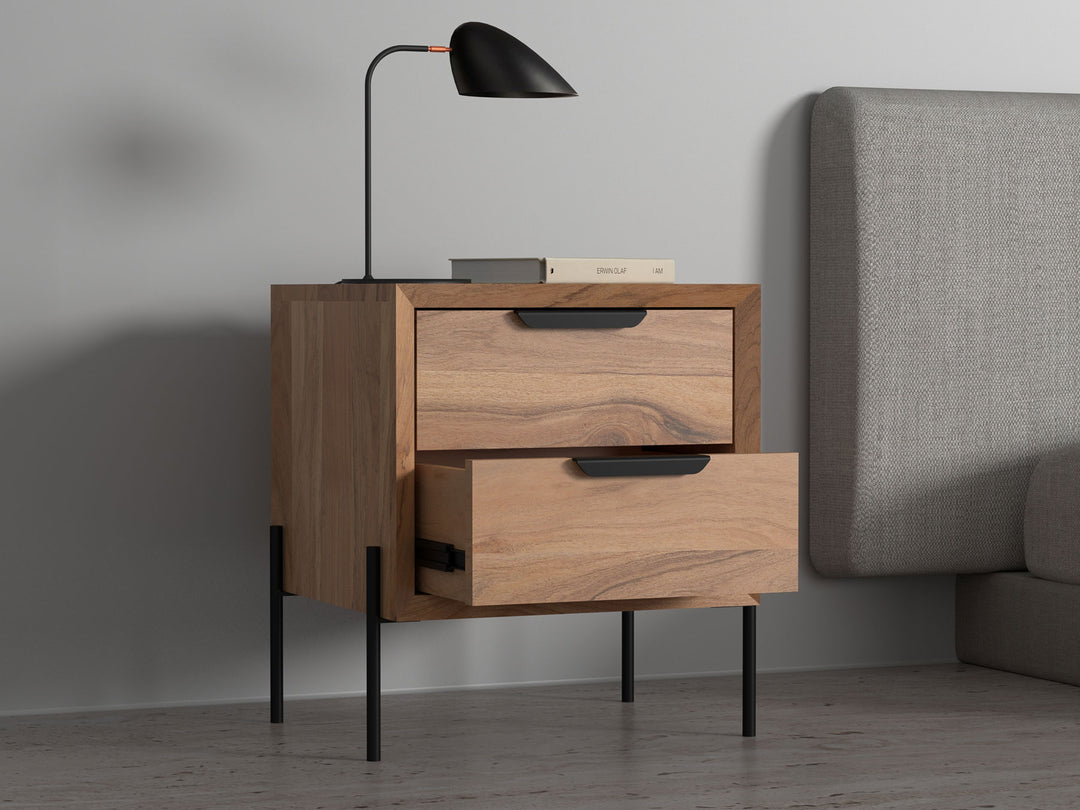 Bedside table with two drawers made of solid acacia wood and carbon steel