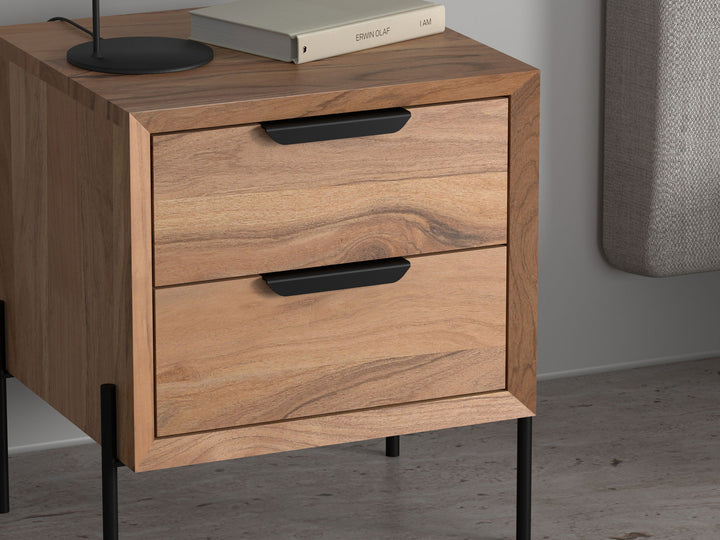 Bedside table with two drawers made of solid acacia wood and carbon steel