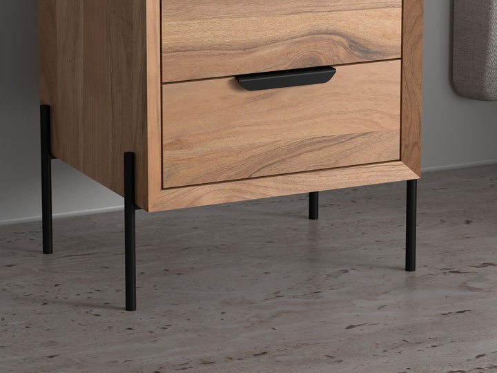 Bedside table with two drawers made of solid acacia wood and carbon steel