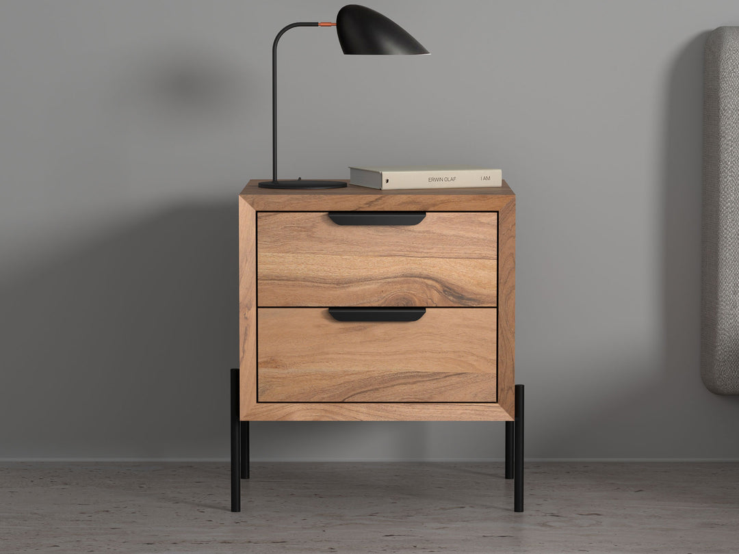 Bedside table with two drawers made of solid acacia wood and carbon steel