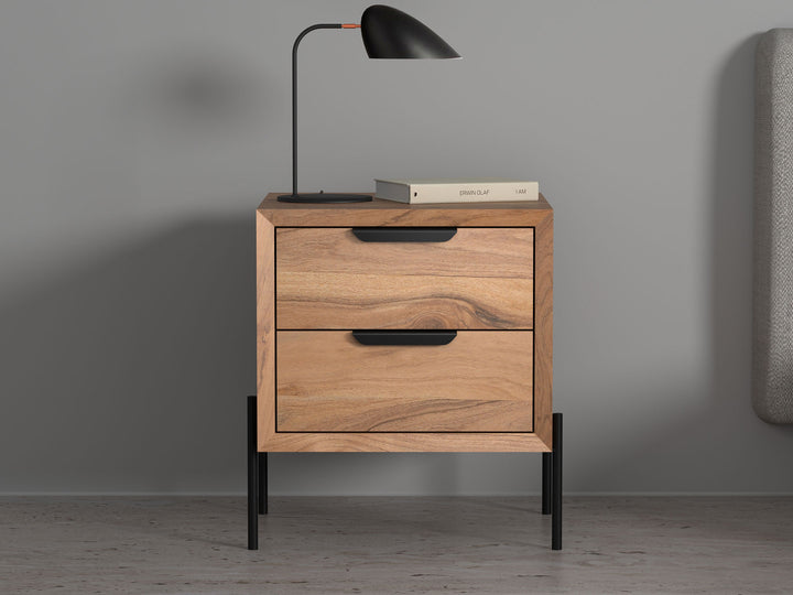 Bedside table with two drawers made of solid acacia wood and carbon steel