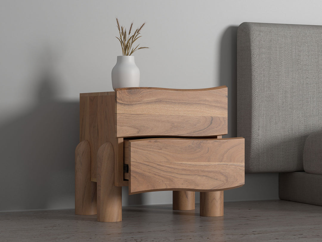 Bedside table with two drawers made of solid acacia wood