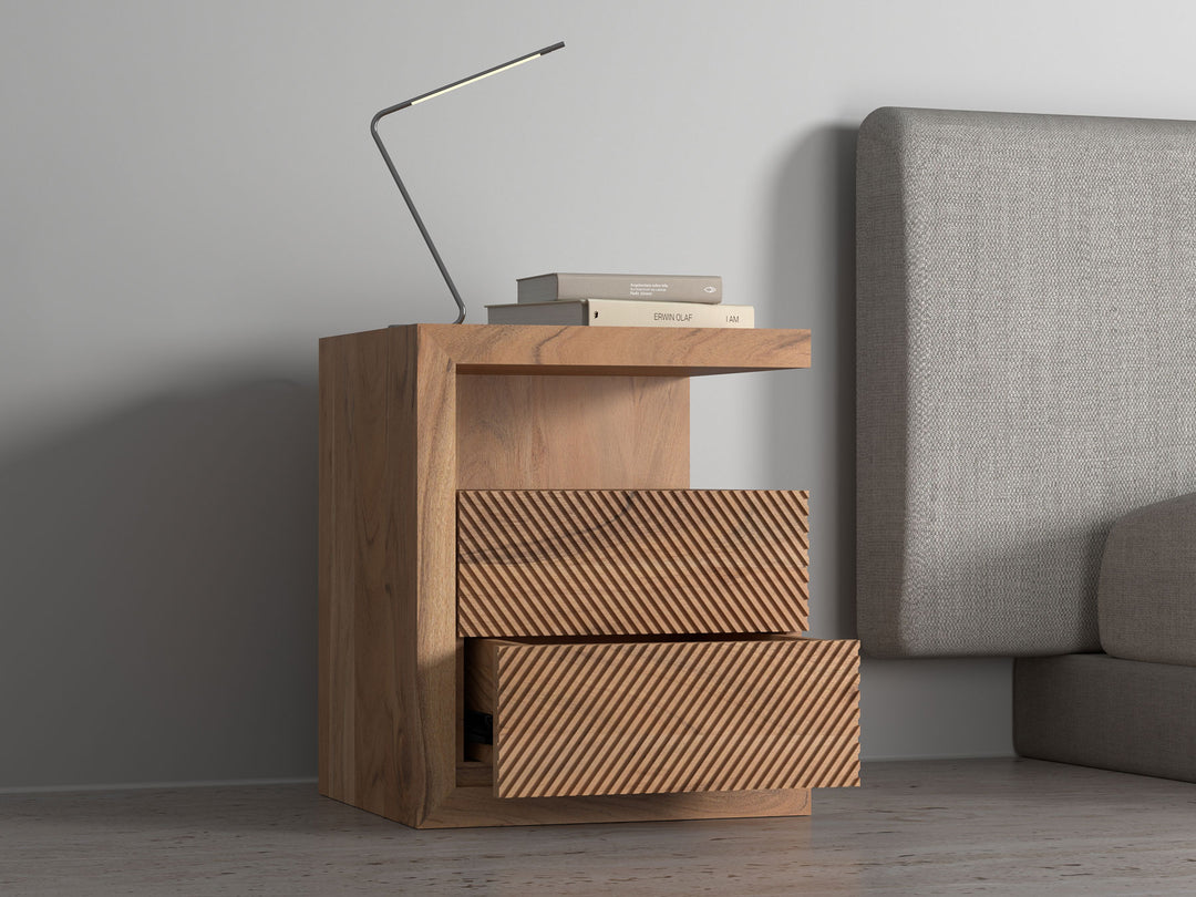 Bedside table with two drawers made of solid acacia wood