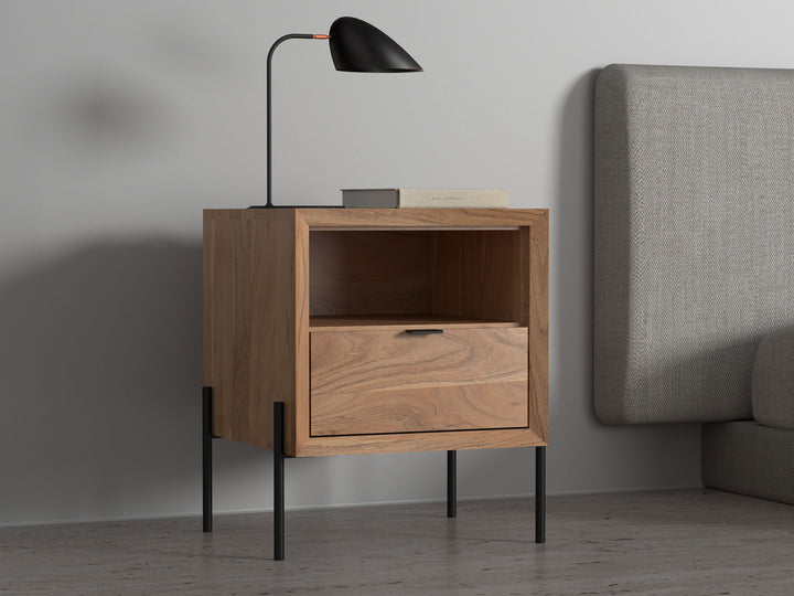 Bedside table with one drawer made of solid acacia wood and carbon steel