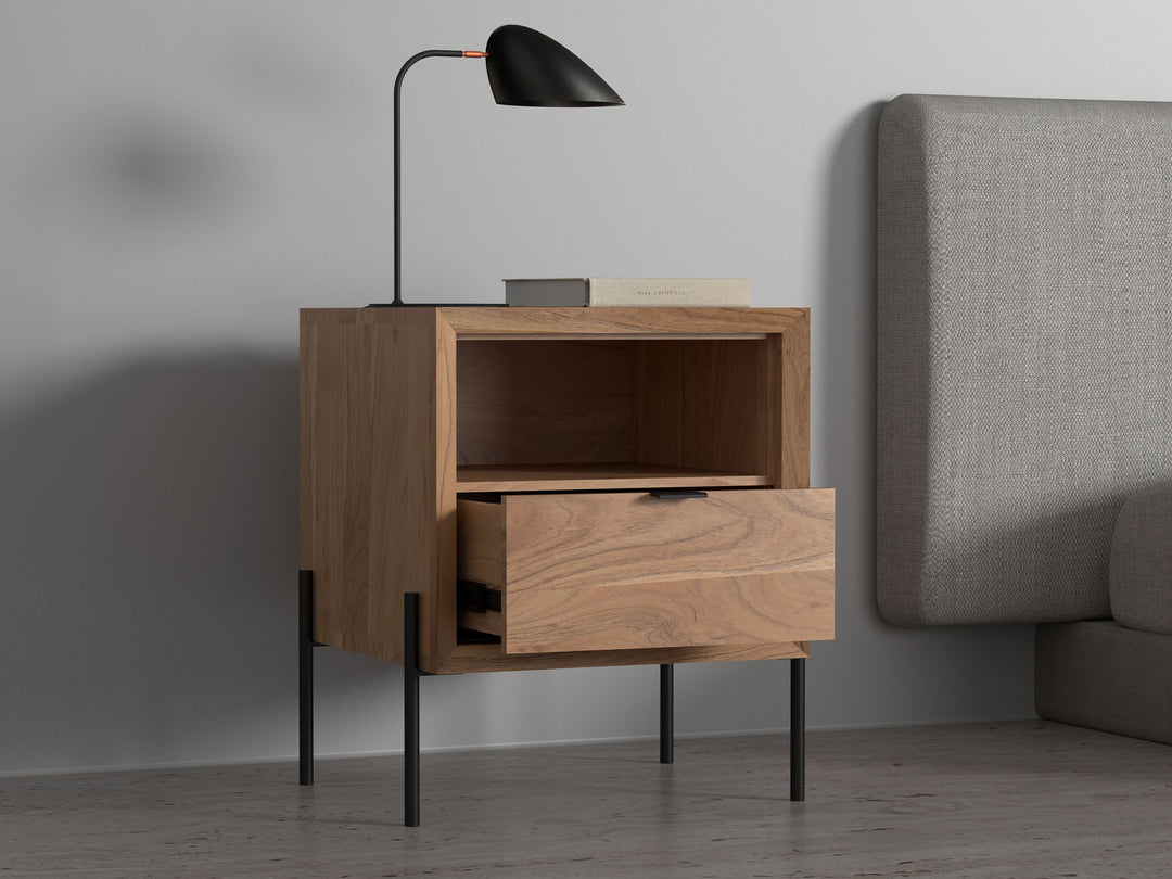 Bedside table with one drawer made of solid acacia wood and carbon steel