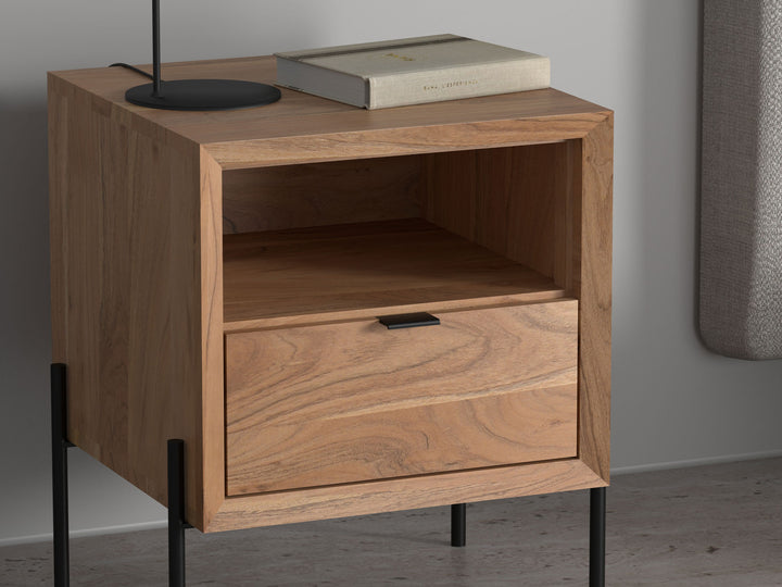 Bedside table with one drawer made of solid acacia wood and carbon steel