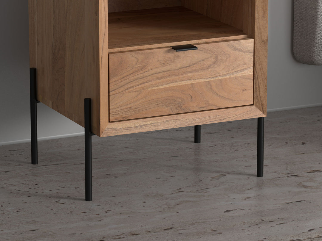 Bedside table with one drawer made of solid acacia wood and carbon steel