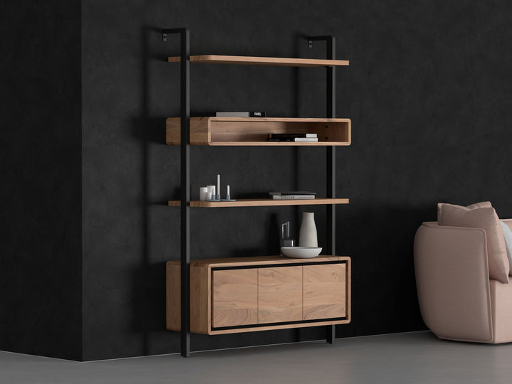 Bookshelf with three doors made of solid acacia wood and carbon steel